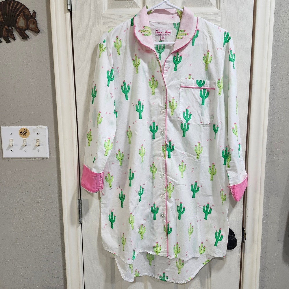 Sant and Abel Womens Cactus Print Cotton Sleep Shirt Pink White Medium Nightgown
